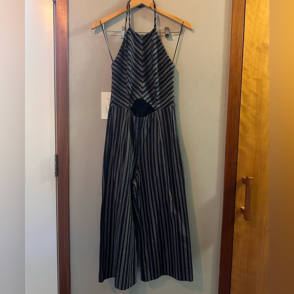 INTERMIX Navy and Gray Striped Jumpsuit